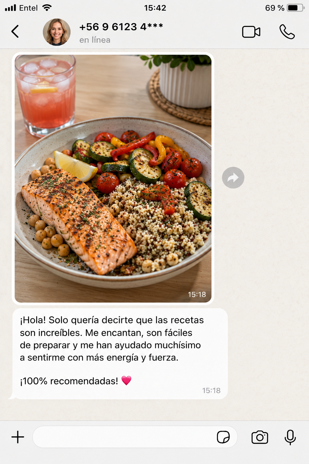 Captura de WhatsApp de una compradora: las recetas son increíbles, fáciles de preparar y me han dado más energía