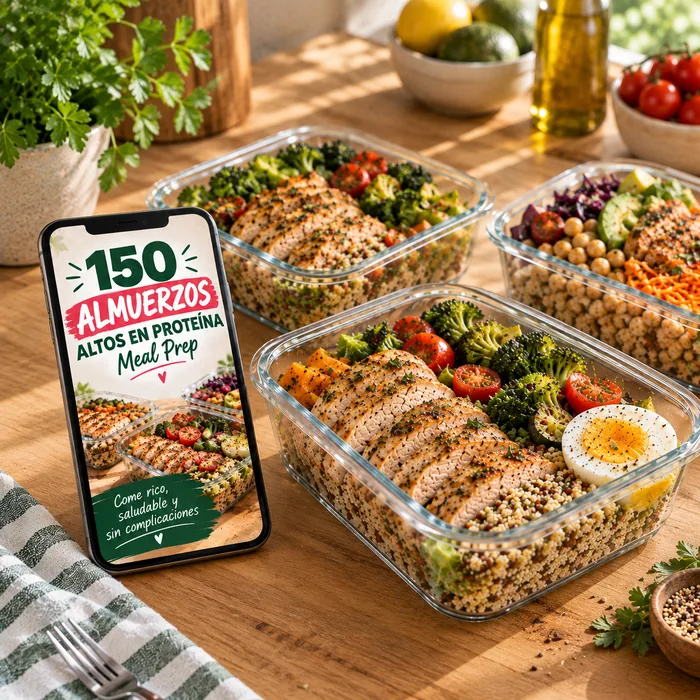 Cover de 150 Almuerzos Altos en Proteína en celular junto a envases de meal prep con pollo, quinoa y vegetales