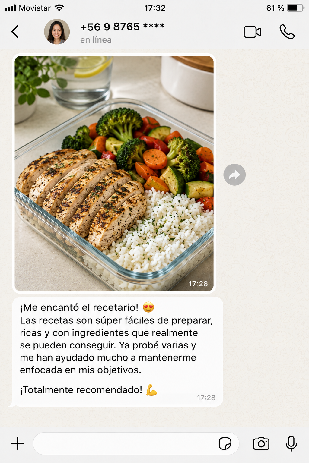 Captura de WhatsApp de una compradora: me encantó el recetario, recetas fáciles y ricas con ingredientes accesibles