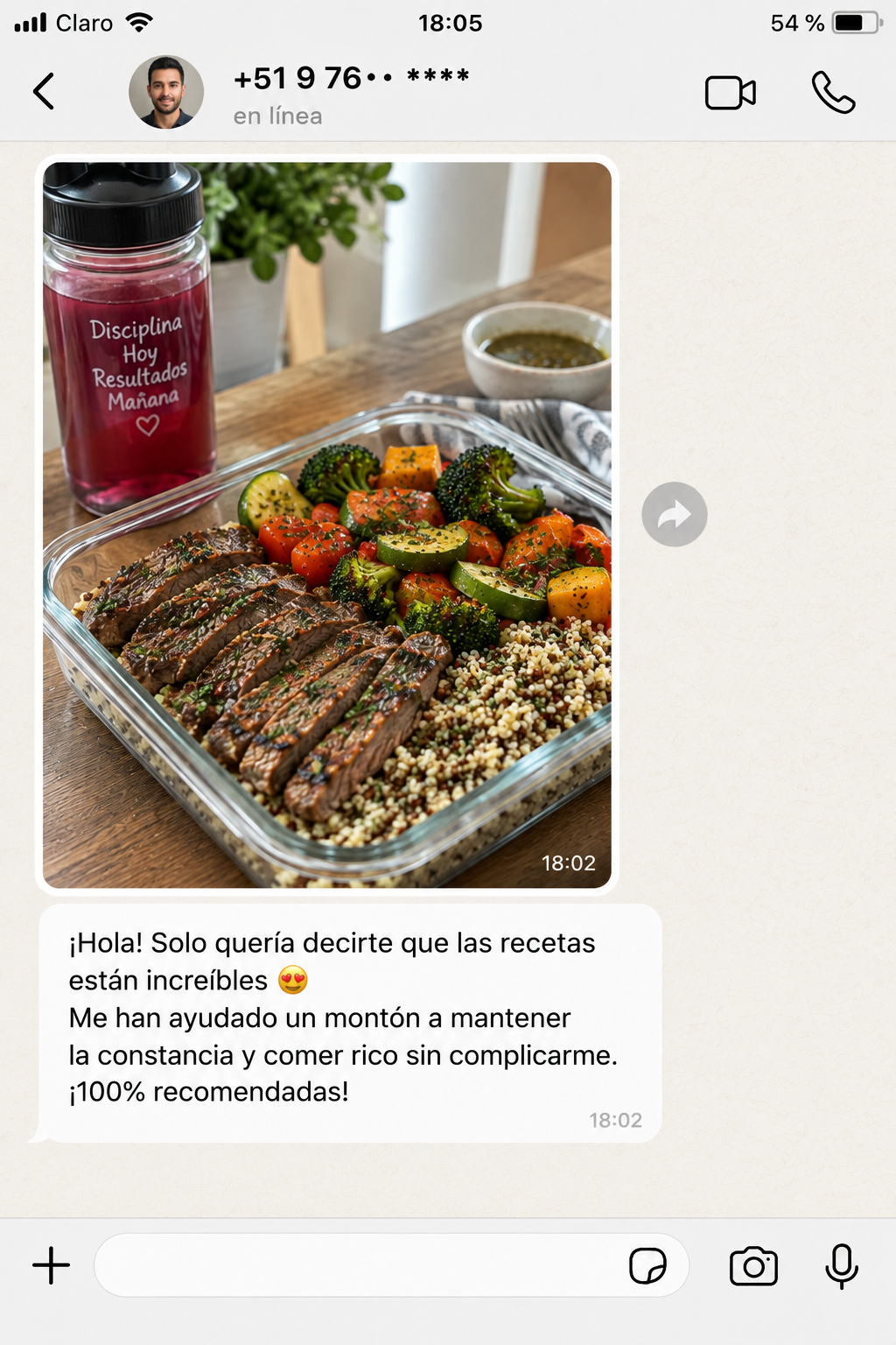 Captura de WhatsApp de un comprador: las recetas me han ayudado a mantener la constancia y comer rico sin complicarme